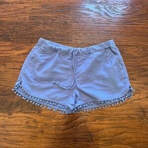 Women’s  Linen & Cotton Casual Pom-Pom Trim Shorts - Light Blue